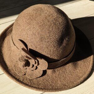 Vtg Scala Brown OSFA Floral Adorned 100% Wool Hat By Kathy Jeanne Made in USA